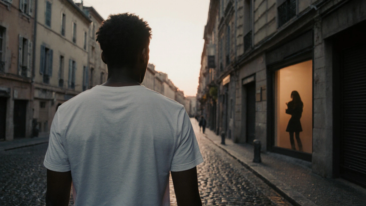 Un homme marche au lever du jour à Lyon, apaisé, tandis qu&#039;une silhouette le regarde depuis une fenêtre.