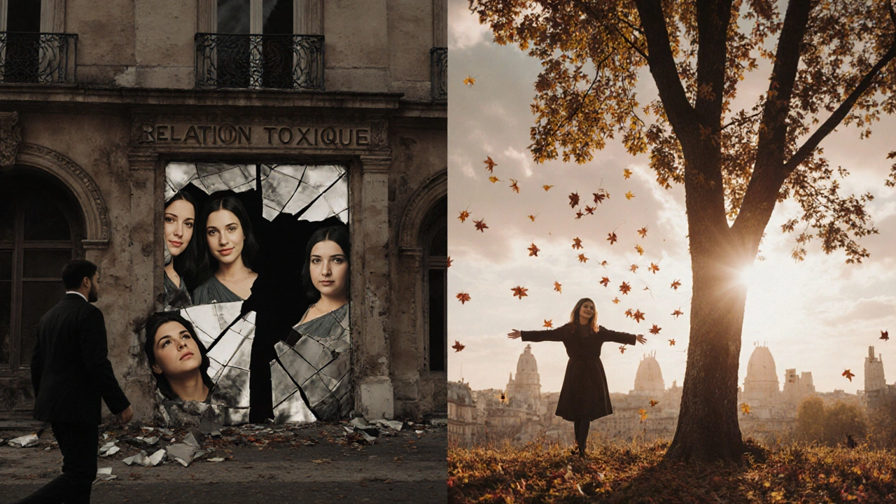 Un homme quitte une maison en ruine pour rejoindre une femme sincère sous un arbre au lever du jour.