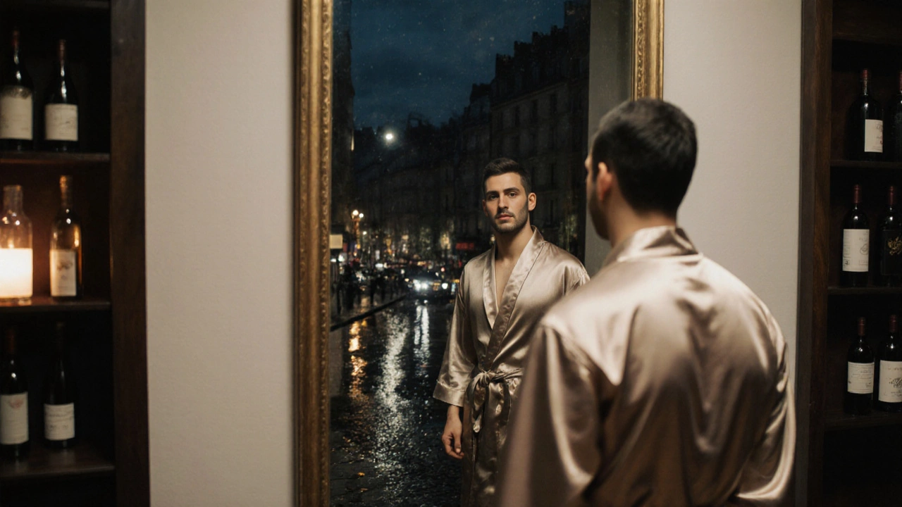 Un homme regarde son reflet dans un miroir, une femme derrière lui, Paris la nuit en arrière-plan, émotion silencieuse.