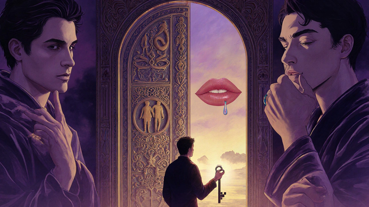 Un homme tend la main vers une porte mystique dont la clé est dans sa poche, symbole de révélation intérieure.