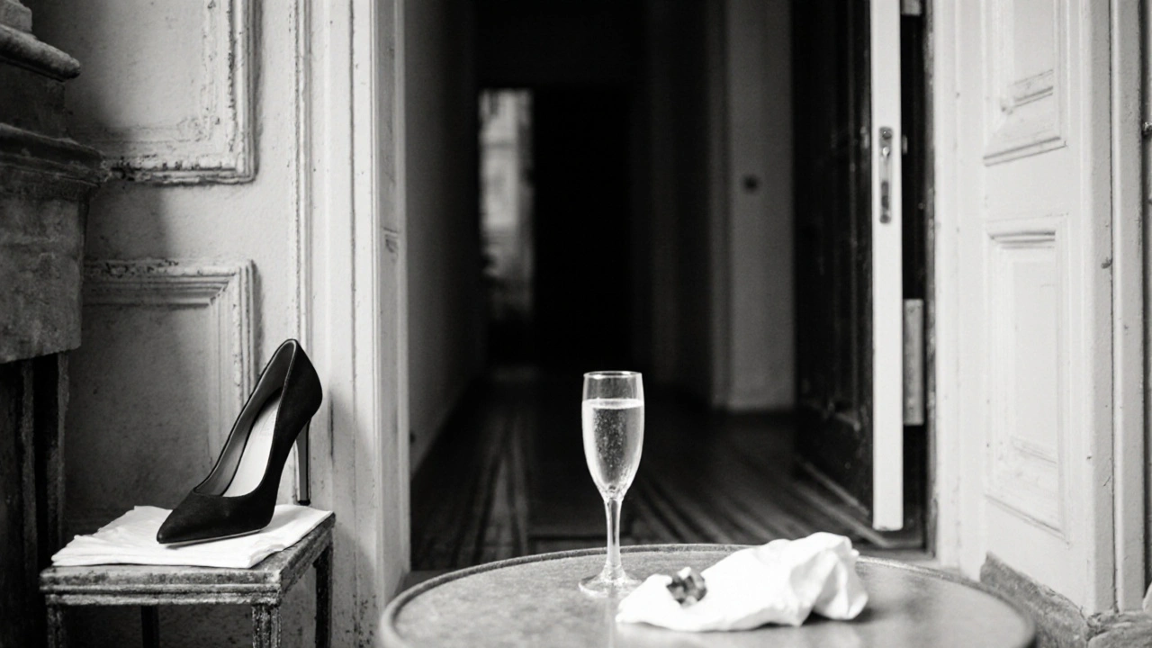 Un seul soulier haut posé près d&#039;une porte ouverte, symbole d&#039;une rencontre discrète et éphémère à Paris.