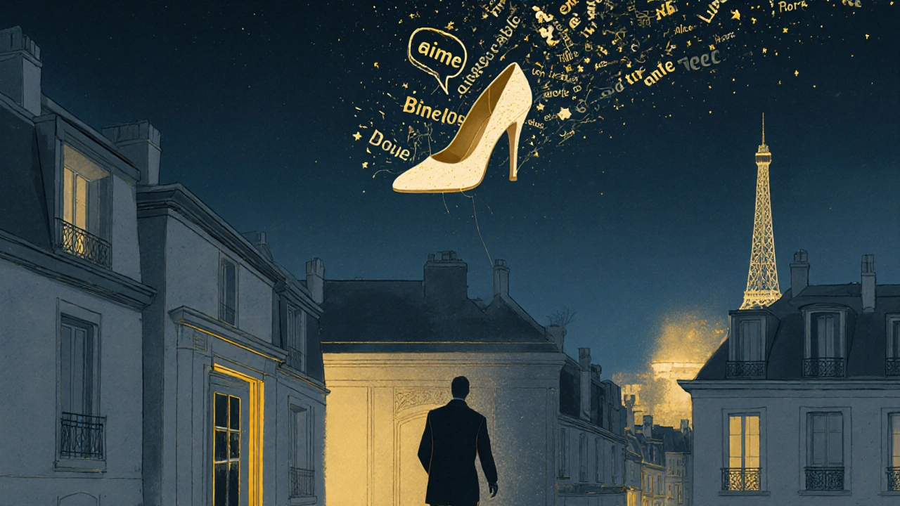 Un soulier haut flottant au-dessus de Paris, entouré de mots doux qui s&#039;évanouissent dans la nuit étoilée.