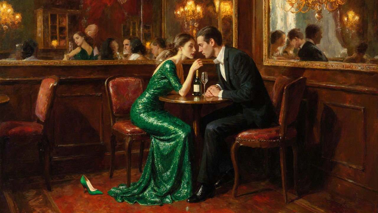 Un travesti et un homme conversent intimement dans un bar parisien aux lumières chaleureuses.