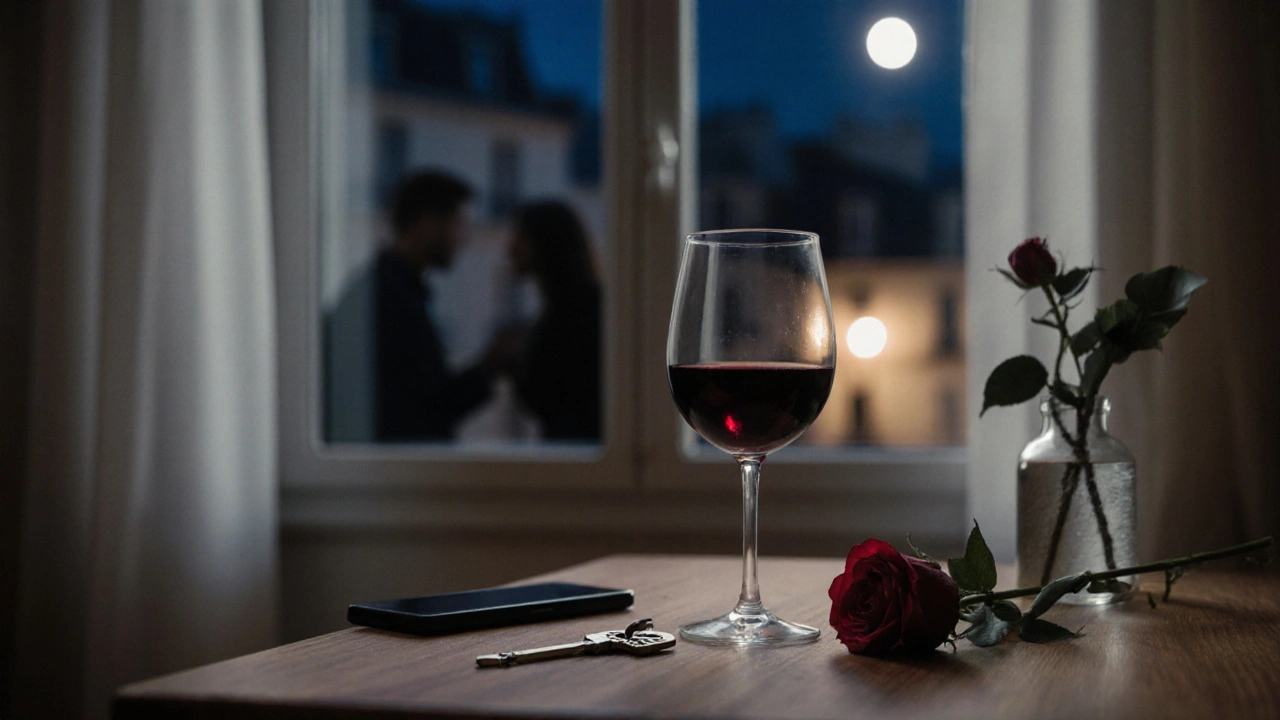 Une clé posée sur une table avec un verre de vin, silhouette de couple dans une fenêtre éclairée, smartphone retourné — discrétion et confiance.