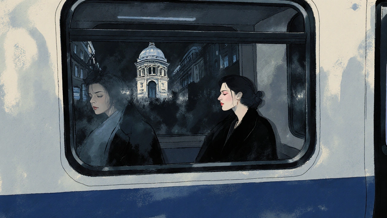 Une femme dans le métro de nuit à Paris, dont le reflet montre une présence invisible, dans un style sombre et poétique.