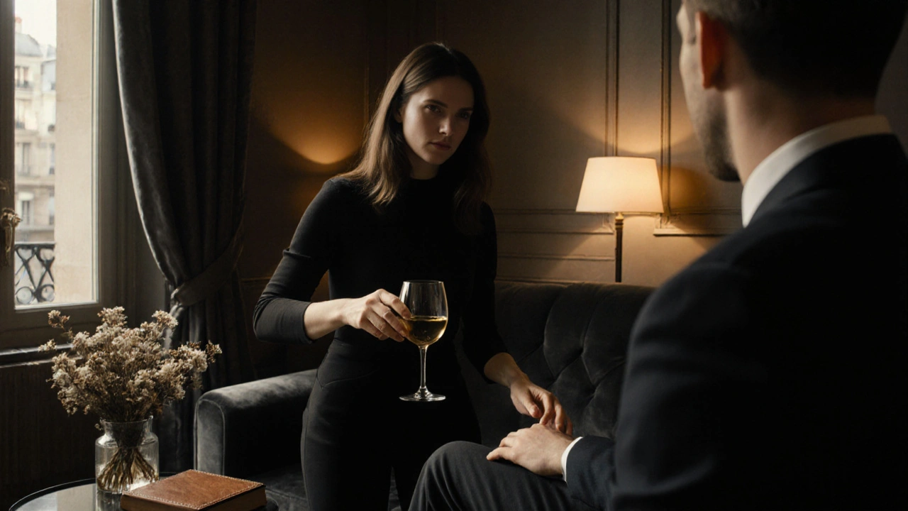 Une femme dans un appartement du Marais vers le crépuscule, sa main près de la cuisse d&#039;un homme, lumière douce et ambiance intime.