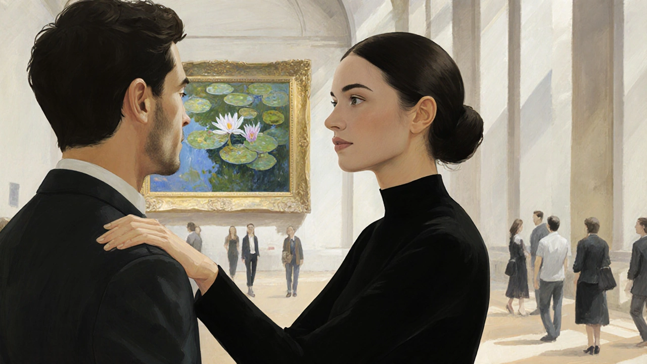 Une femme en robe noire observe un tableau de Monet au musée d&#039;Orsay, sa main repose sur le bras d&#039;un homme.