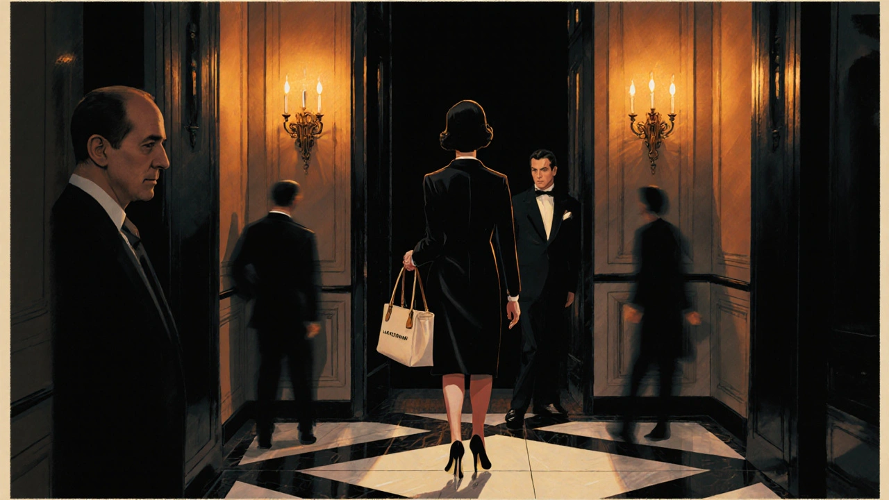 Une femme entre dans un hôtel discret à Paris, son dos tourné, dans un hall aux lumières chaudes.