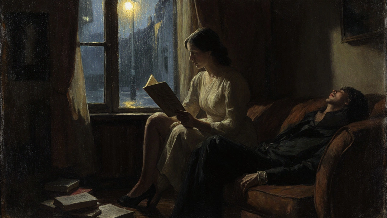 Une femme lit un poème à un homme allongé sur un canapé, la pluie tombe à la fenêtre.