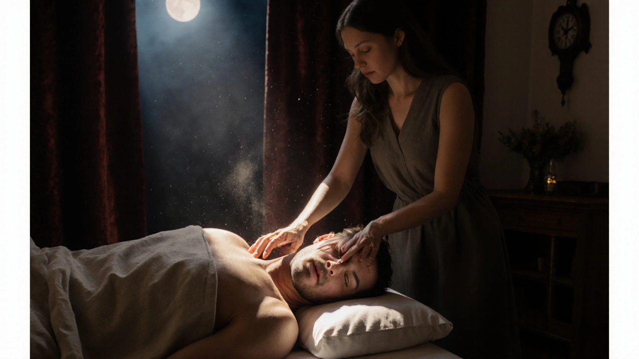 Une femme masse doucement les épaules d&#039;un homme allongé, dans une chambre baignée de lumière de lune.