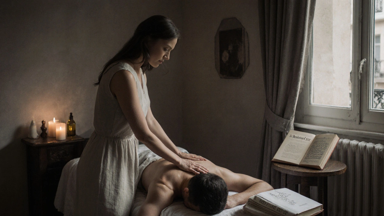 Une femme masse le dos d&#039;un homme dans une chambre calme, bougies et huile d&#039;amande autour d&#039;eux.