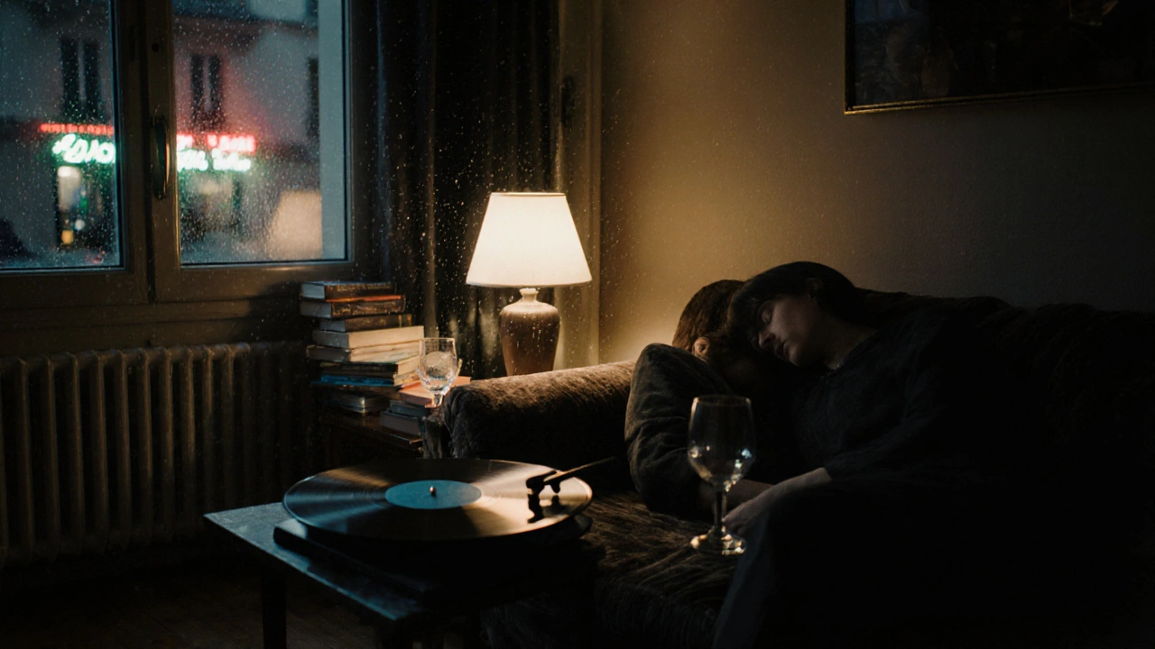 Une femme repose la tête sur les genoux d&#039;un homme sur un canapé, une lampe chaude éclaire un disque vinyle et des livres épars.