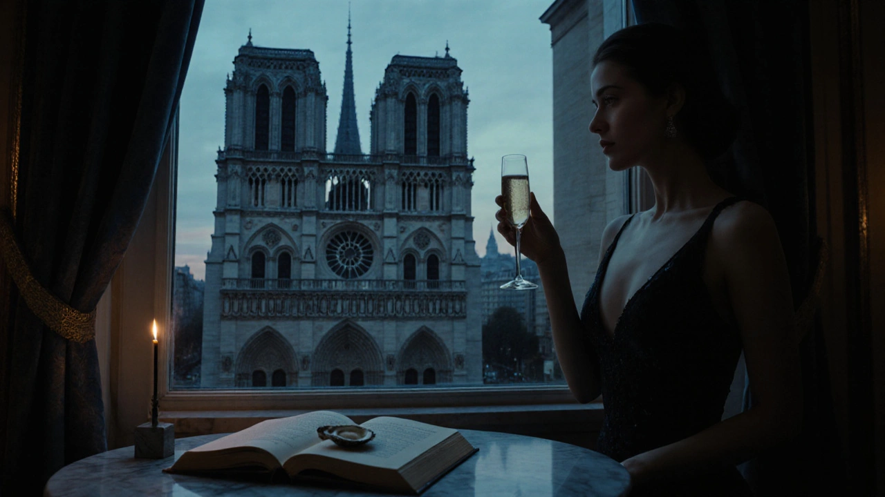 Une femme silhouettée à la fenêtre de Paris, tenant un verre de champagne, vue sur la Madeleine au crépuscule.