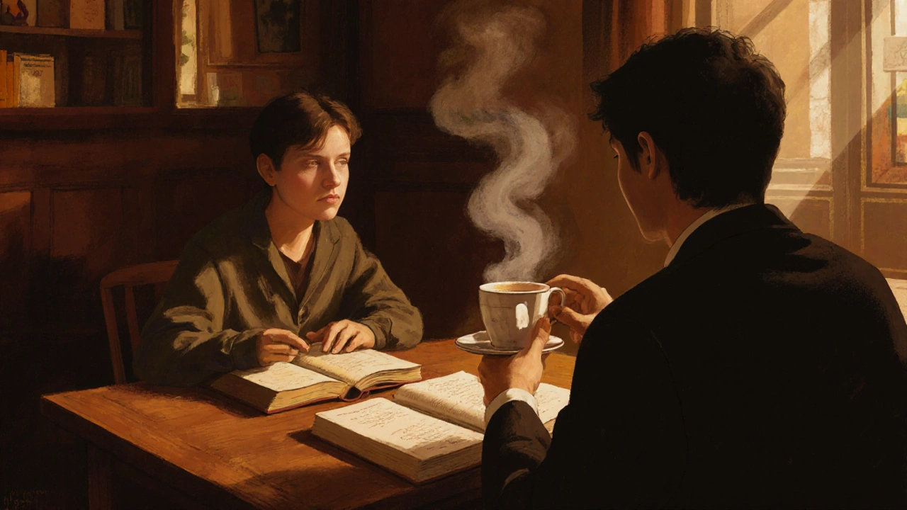 Une personne lit tranquillement à La Caféothèque, un autre s&#039;approche avec une tasse de café, la chaleur de l&#039;ambiance enveloppe la scène.