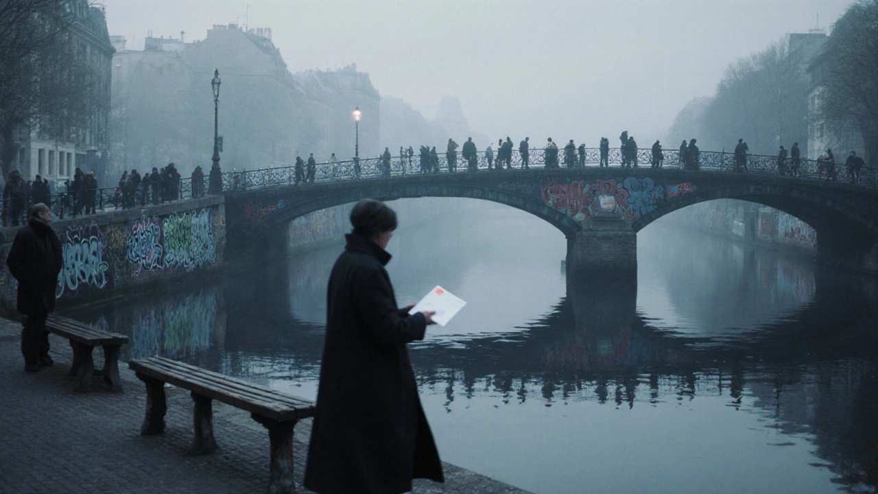 Une silhouette solitaire au bord du canal Saint-Martin, tenant une enveloppe sans adresse, reflet dans l&#039;eau.