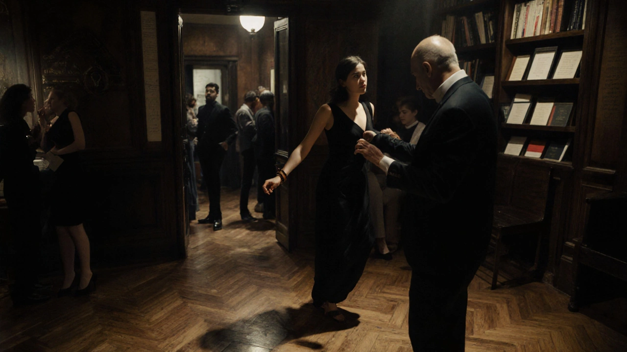 Une soirée discrète à Montmartre, avec des silhouettes élégantes dans une ambiance de nuit parisienne.