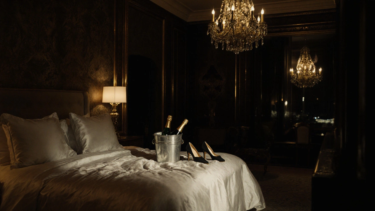 Une suite d&#039;hôtel de luxe à Paris, avec une bouteille de champagne et des chaussures posées près du lit.