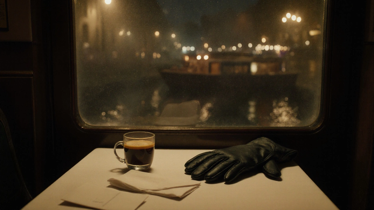 Une table vide au Comptoir Général, avec un café refroidi et un gant noir laissé derrière, en fin de soirée.