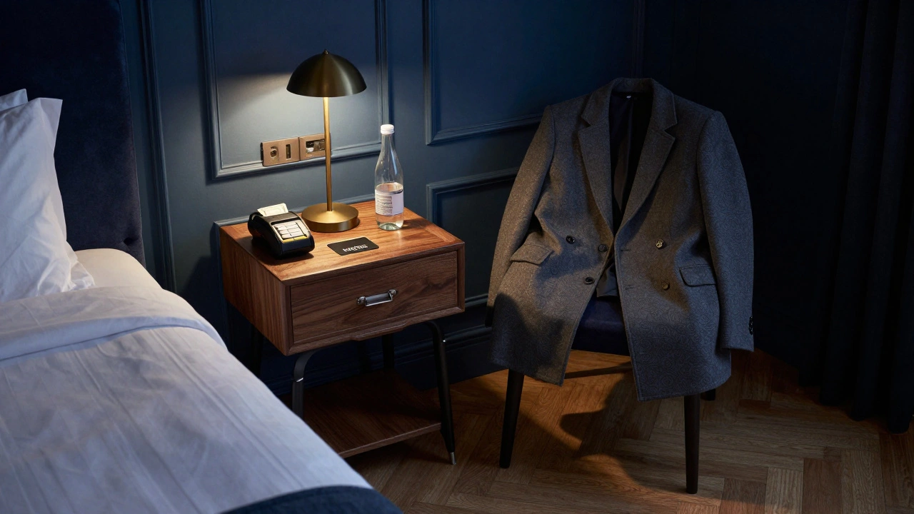 Chambre d&#039;hôtel discrète au Marais avec un paiement en espèces et un manteau posé sur une chaise.