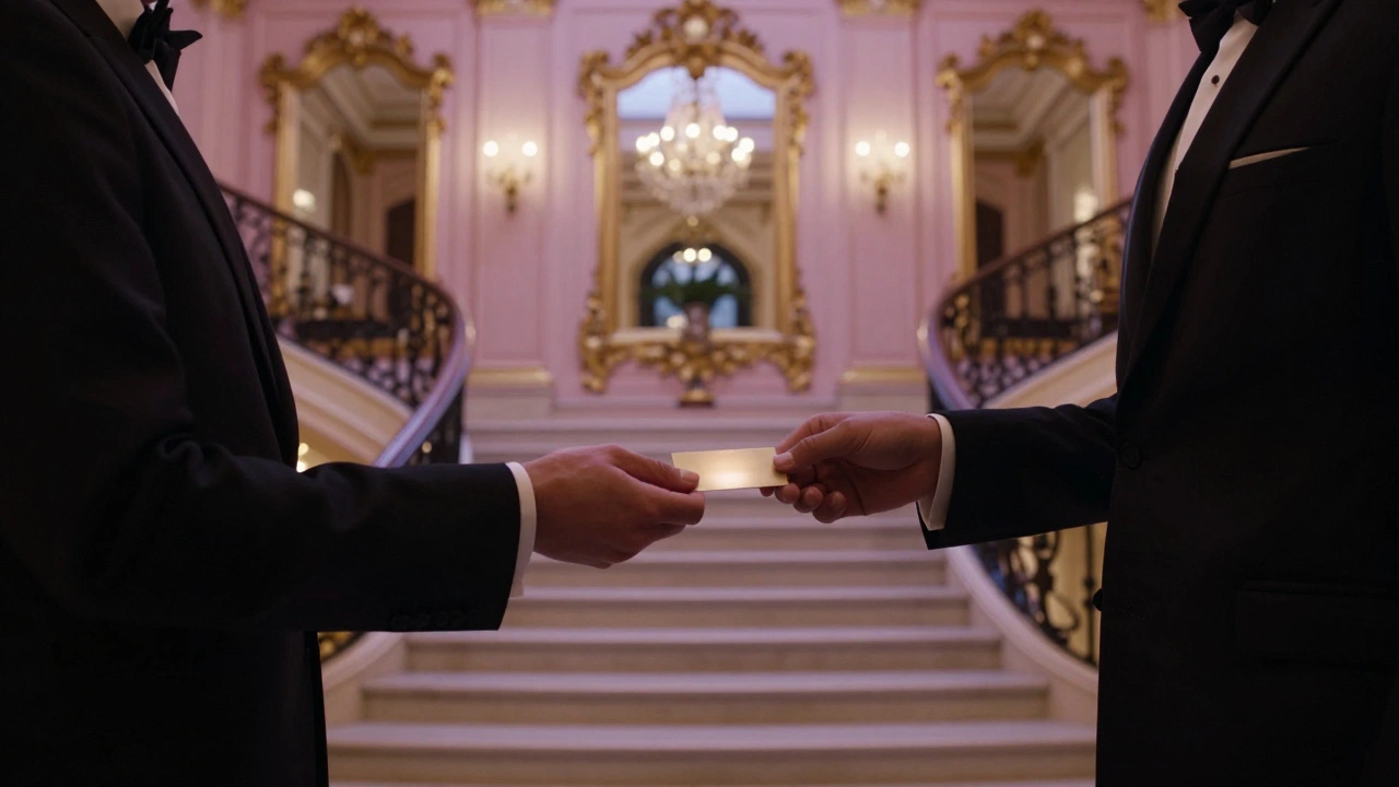 Concierge d'hôtel de luxe remettant une carte blanche à un homme en costume.