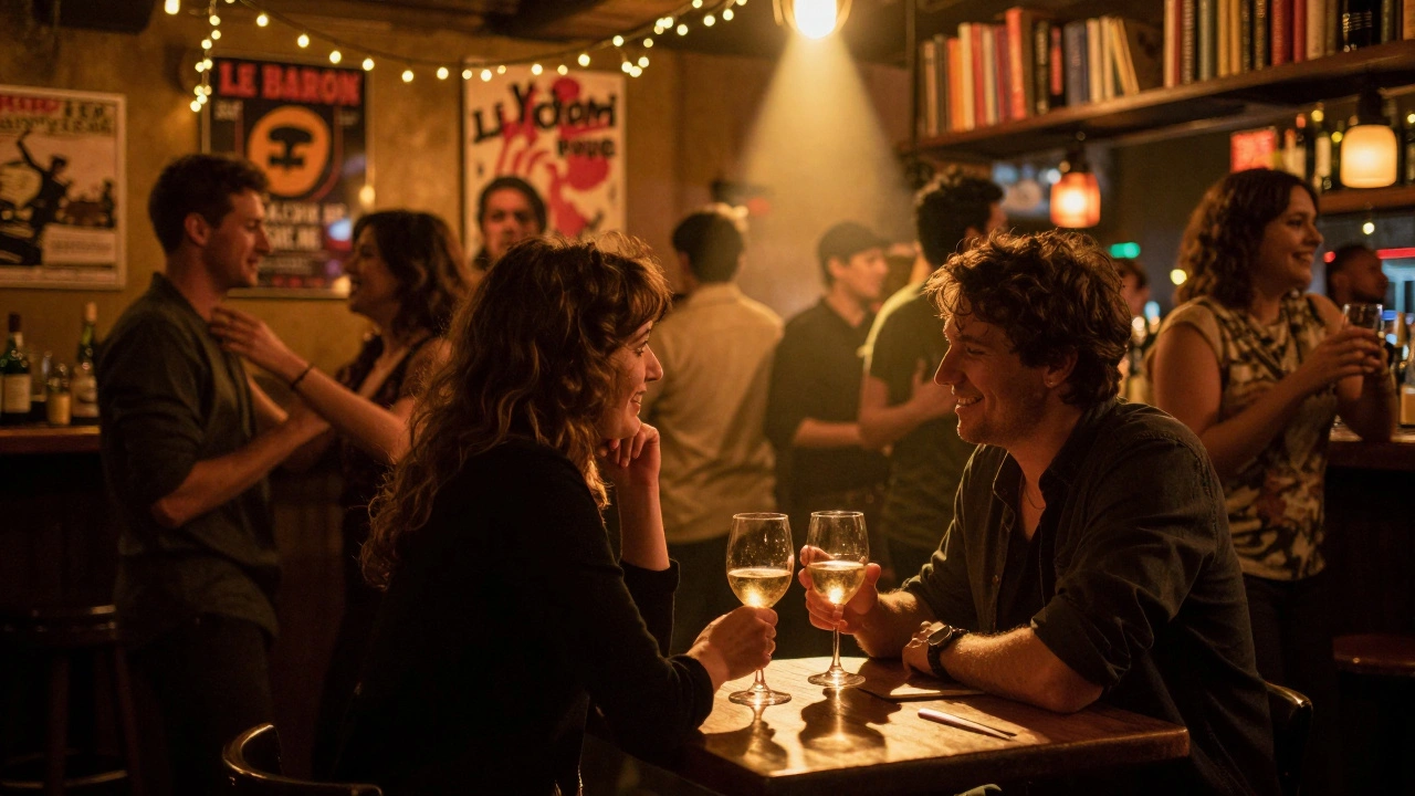 Couples et amis dans un bar de Belleville, lumières douces, ambiance chaleureuse et connexion silencieuse.