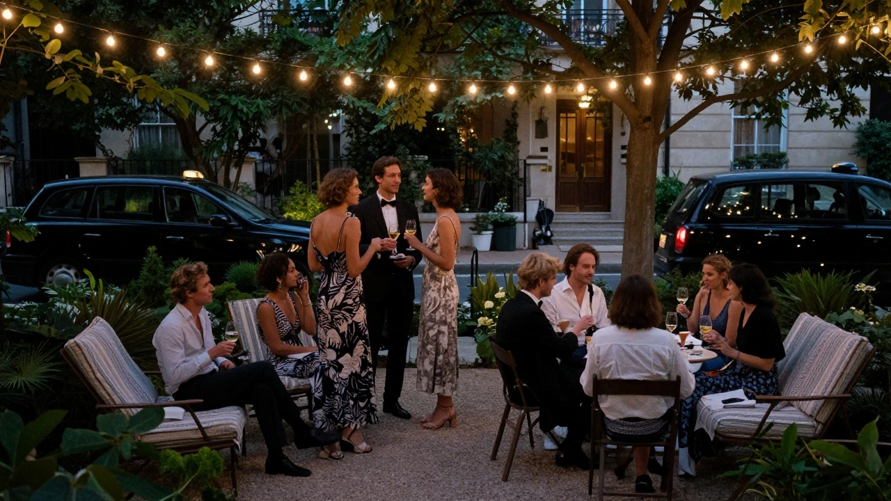 Des couples élégants discutent dans un jardin caché du 16e arrondissement, sous des lumières douces.