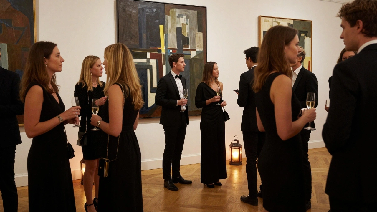 Des invités en tenue noire à une soirée raffinée dans un château, entourés d'art et de lumières tamisées.