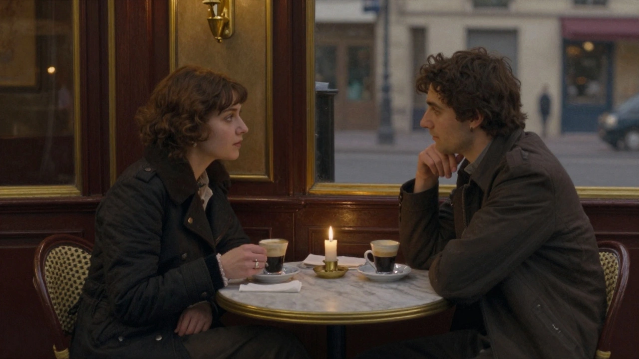 Deux couples échangeant des regards furtifs dans un café historique du 6e arrondissement, ambiance crépusculaire et intime.