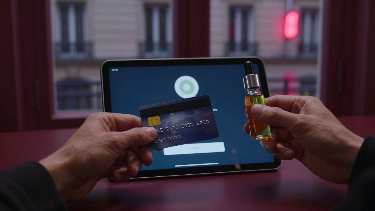 Deux mains échangeant une carte de crédit et une huile parfumée, fond flou de fenêtres parisiennes.