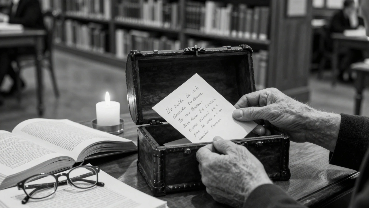 Deux mains posent des lettres manuscrites dans une boîte en bois, au milieu de livres et d&#039;une bougie.