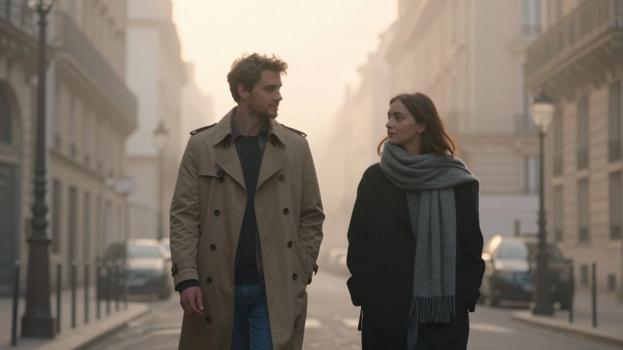 Deux personnes marchent ensemble à l'aube à Paris, connexion silencieuse, brouillard doux.