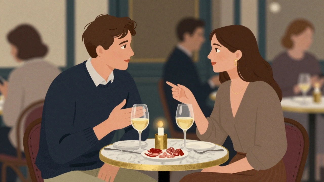 Deux personnes partagent un apéritif à une table en marbre, dans un bar parisien intime, sans téléphone en vue.