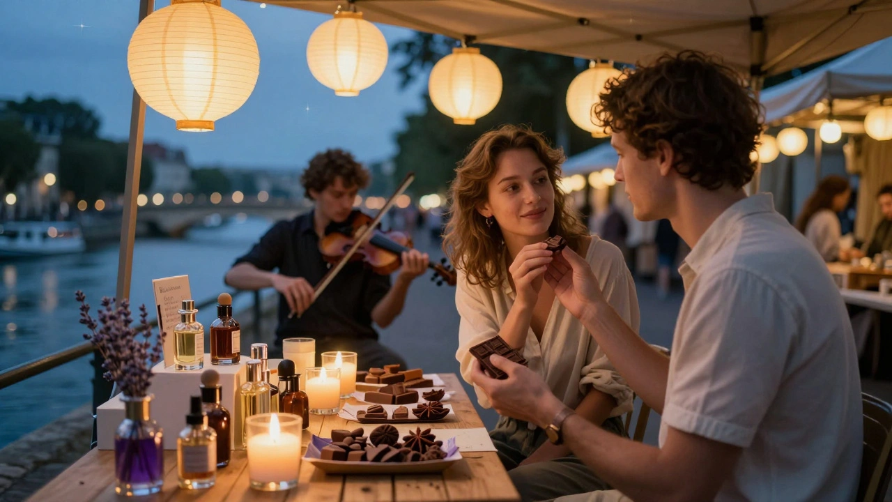Deux personnes partagent un chocolat sur un marché nocturne au bord de la Seine, entourées de bougies et de parfums artisanaux.