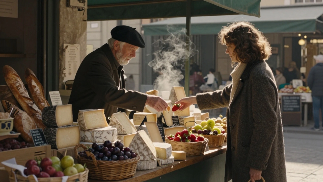 Deux personnes se rapprochent au marché d&#039;Aligre, leurs mains presque en contact au comptoir du fromager.
