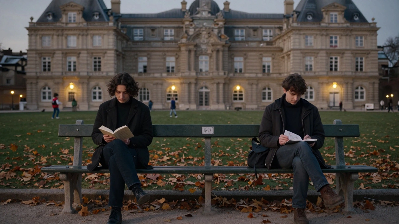 Deux personnes sur un banc du jardin du Luxembourg, lues et dessins, regard échangé sans mots, automne en arrière-plan.