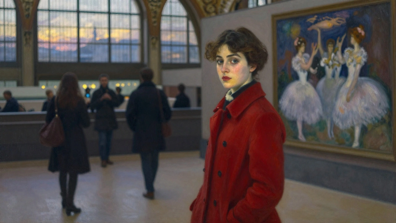 Femme en manteau rouge devant &#039;Le Déjeuner sur l&#039;herbe&#039; au Musée d&#039;Orsay, lumière dorée.