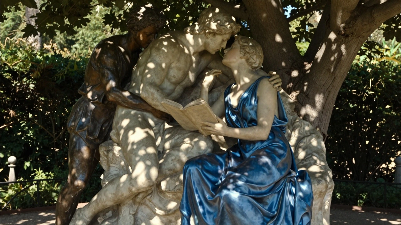 Femme en robe bleue lisant dans le jardin de Rodin, sculpture &#039;Le Baiser&#039; en arrière-plan.