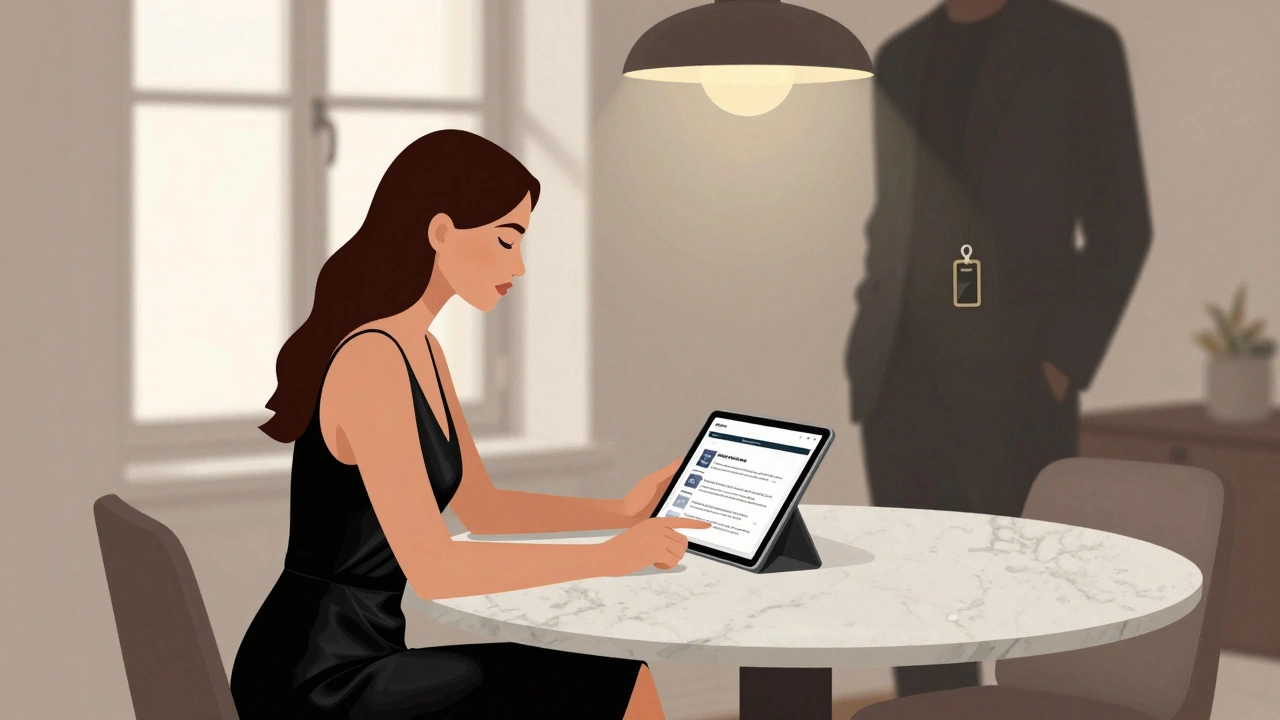 Femme en robe noire examinant un pitch sur tablette dans un appartement luxueux à Genève, lumière douce et atmosphère puissante.