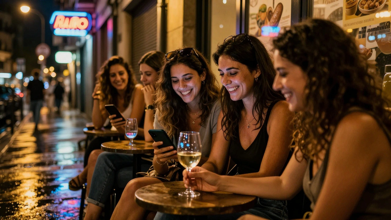 Femmes riant dans un bar de Barcelone, leurs téléphones affichant des notifications Meetic.