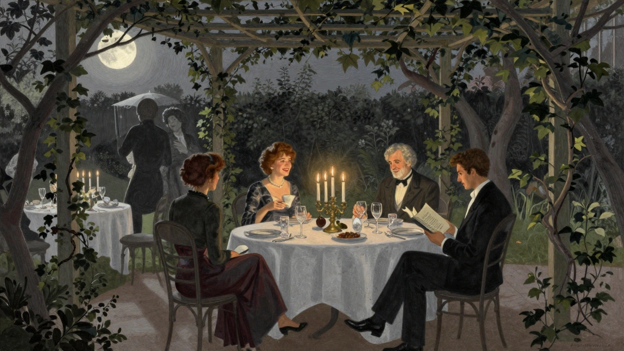 Groupe de couples dans un jardin privé du 16e arrondissement, profitant d&#039;une soirée thématique sous les lumières douces.