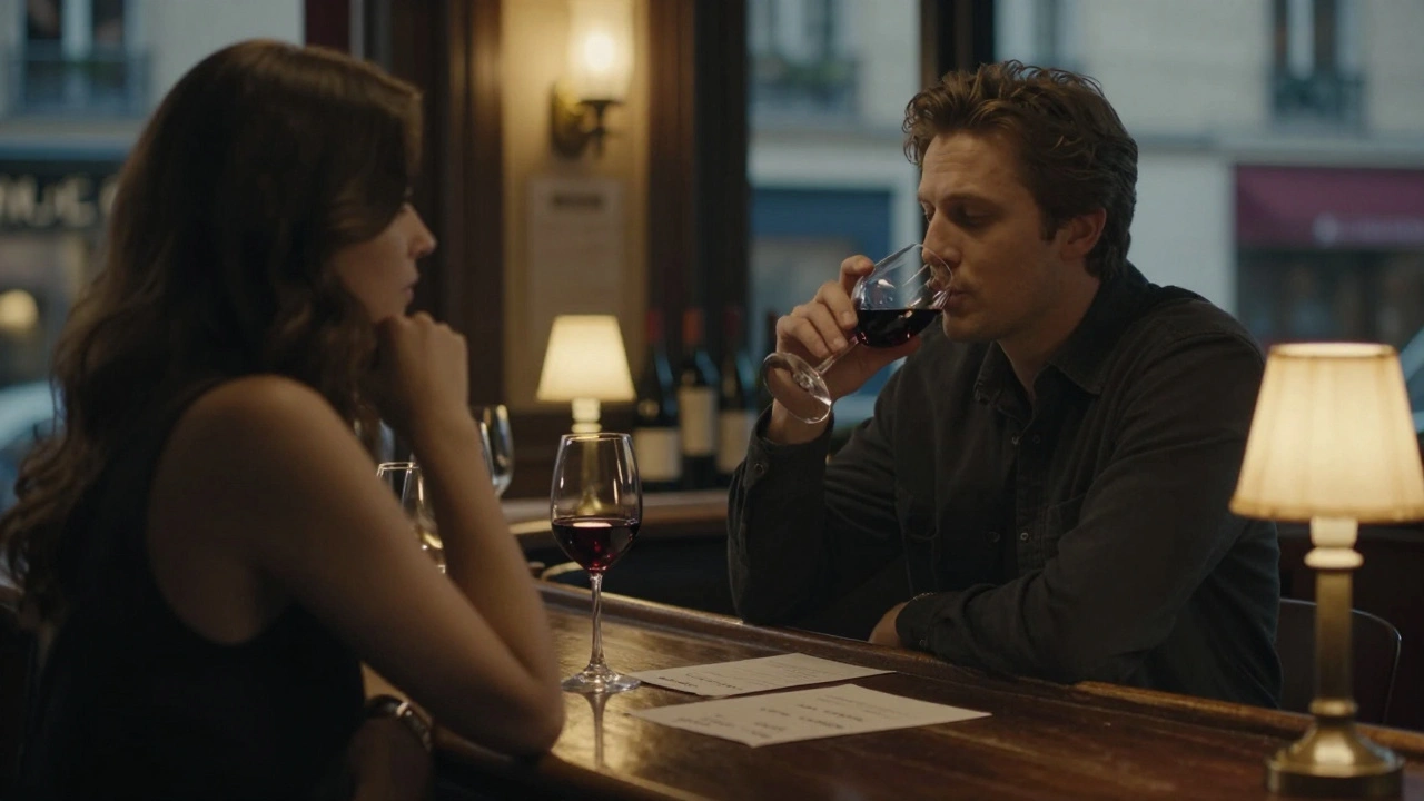 Homme au bar à vin dans le 6e arrondissement, femme qui le regarde avec discrétion.