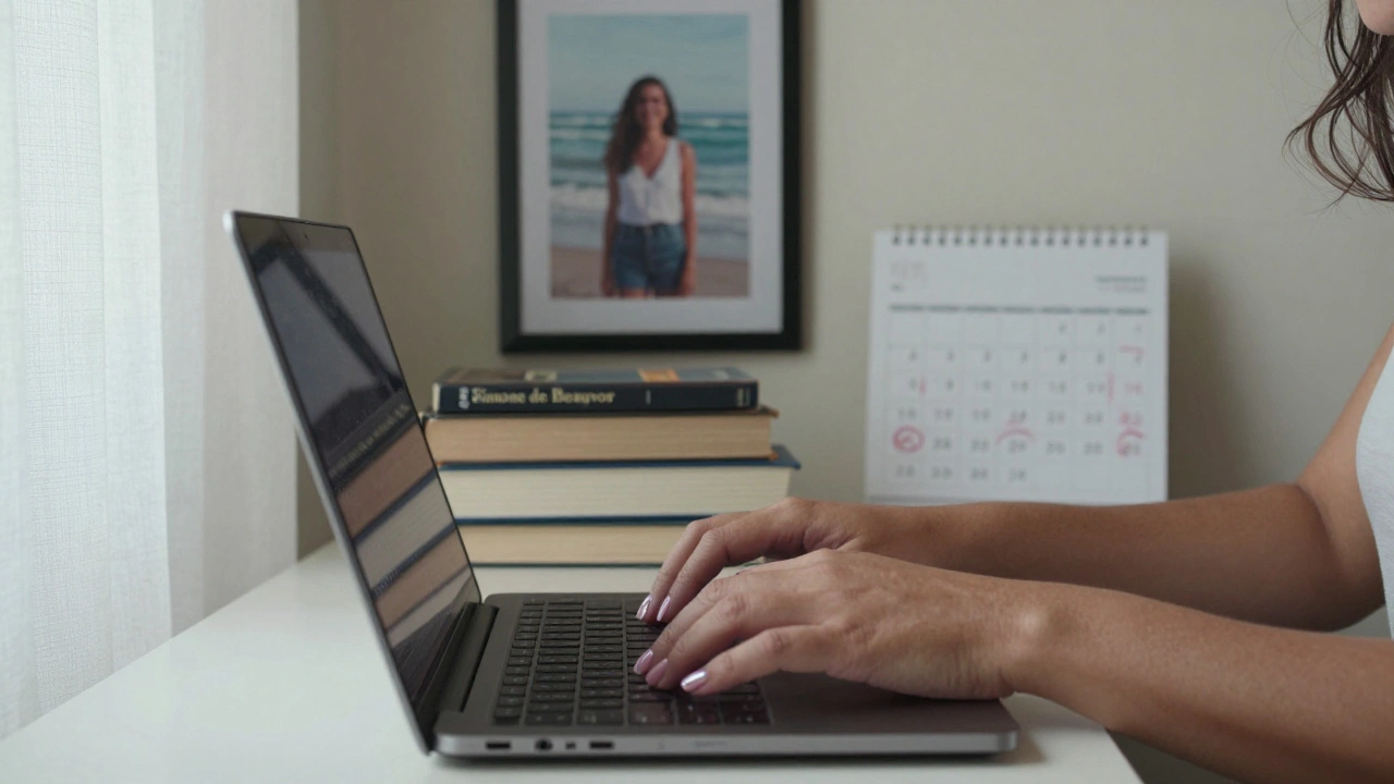 Les mains d'une femme qui travaille sur un ordinateur, entourée de livres de philosophie.