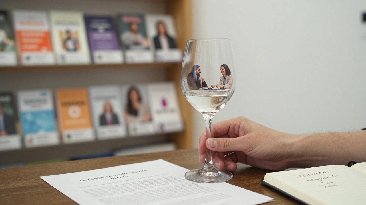 Main tendue vers un verre de vin dans un centre de santé sexuelle, avec des documents sur le consentement en arrière-plan flou.