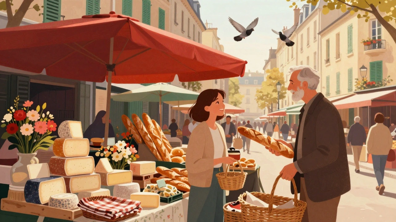Marché dominical animé d’Aligre, des gens partagent une dégustation de pain et de fromage.