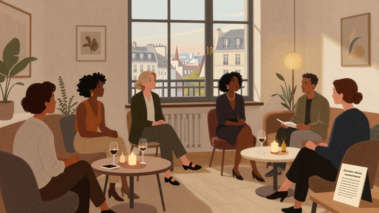 Réunion intime dans un loft de Belleville, avec des adultes en conversation, des bougies et des cartes de consentement visibles.