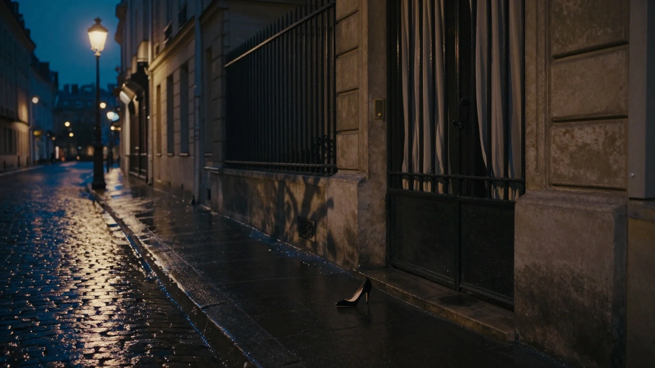 Rue pavée du 6e arrondissement la nuit, une chaussure abandonnée près d'une porte fermée, ambiance néo-noir et mystère.