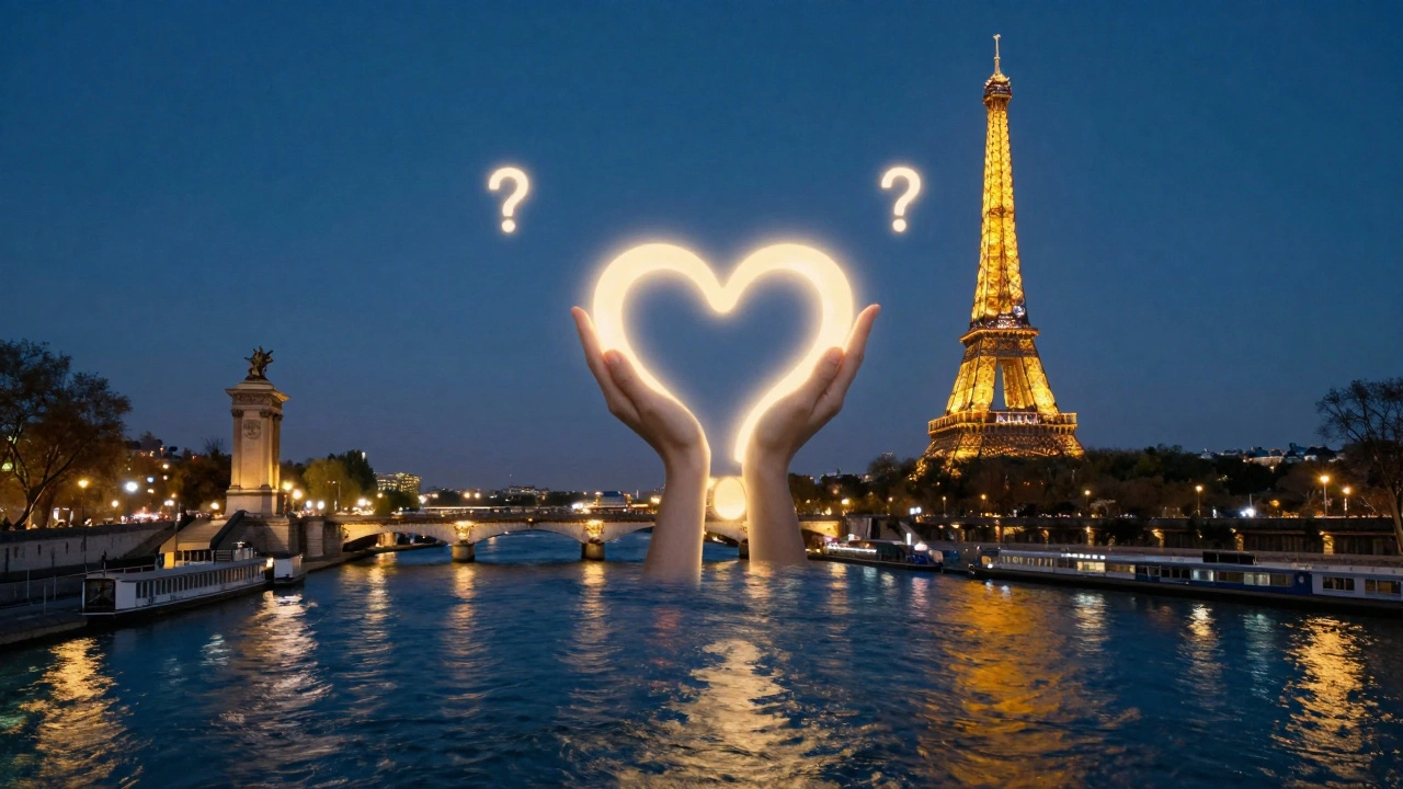 Silhouette de Paris la nuit, avec des mains en forme de cœur et des points d&#039;interrogation flottant au-dessus de la Seine.