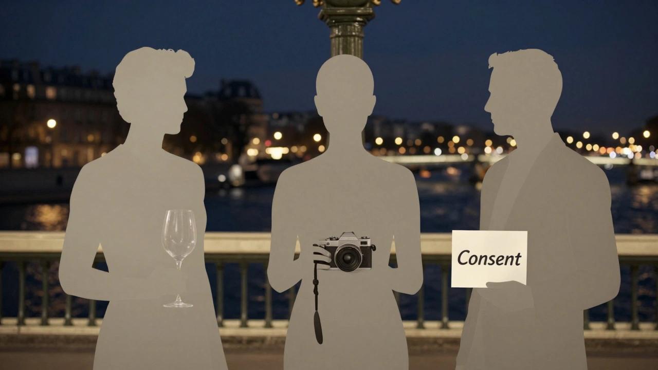 Silhouettes de personnes dans une station de métro parisien, symbolisant le respect, le consentement et la discrétion.