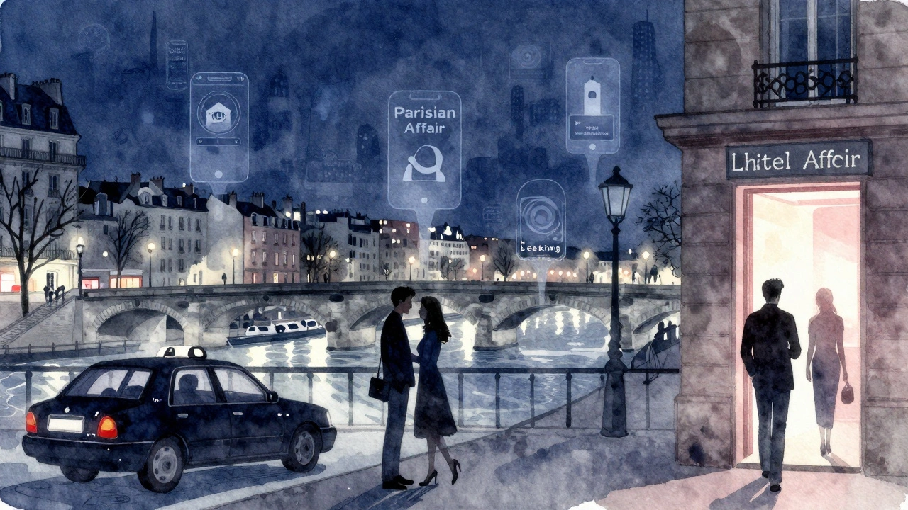 Silhouettes de rencontres secrètes flottant au-dessus de Paris, évoquant des applications de rendez-vous cachés.