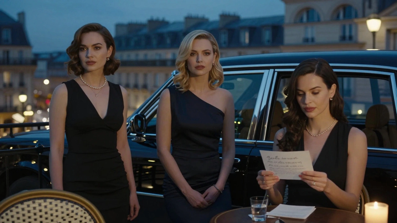 Trois femmes élégantes dans des scènes nocturnes parisiennes, chacune symbolisant un type d'escorte différente.